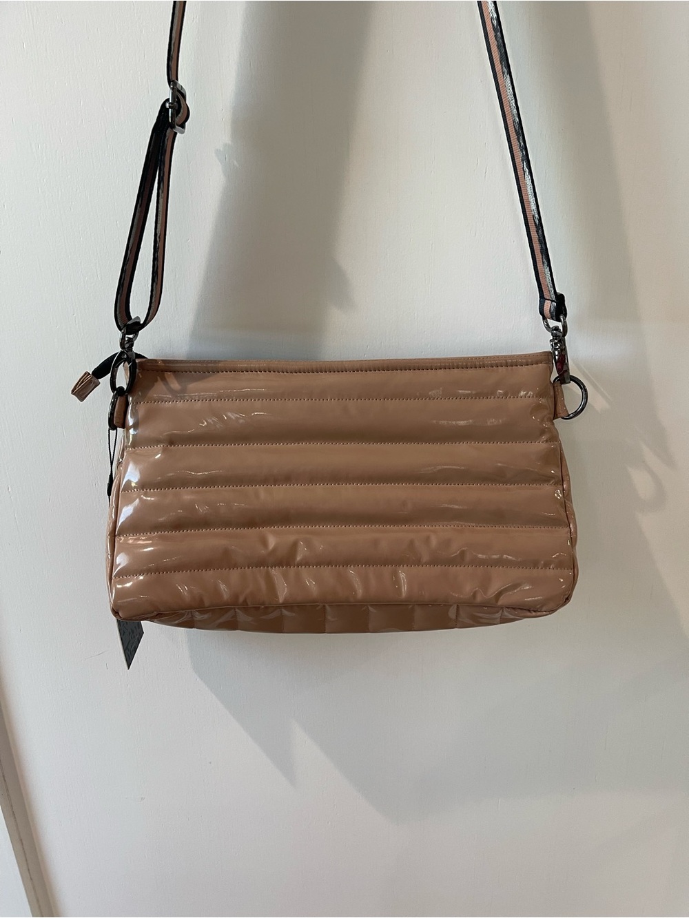 Think Royln Bank Street XL Crossbody Nude Patent Finish Quilted Design